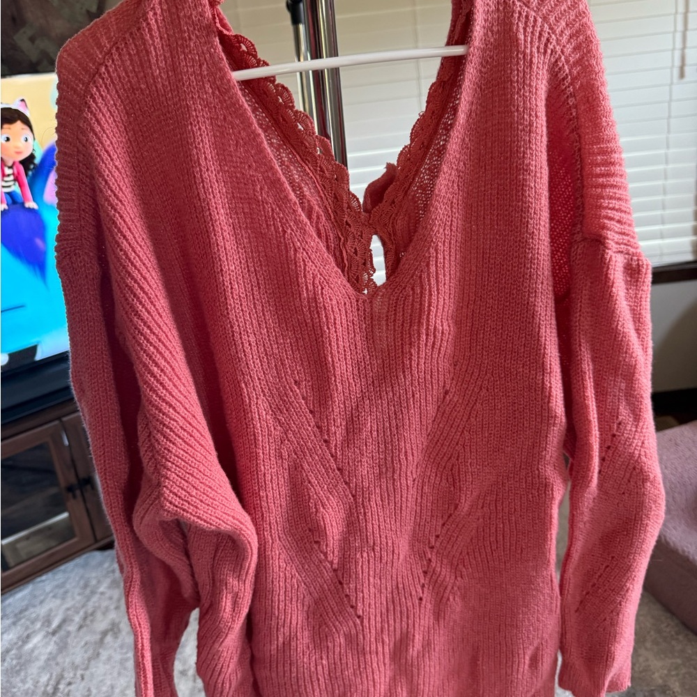 SHEIN Coral Pink V-Neck Knit Sweater with Lace Trim